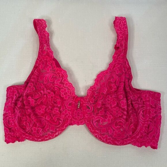 HOT PINK LACE UNDERWIRE 2 EYE CLOSURE BRA EUC SIZE 36D - Picture 1 of 7